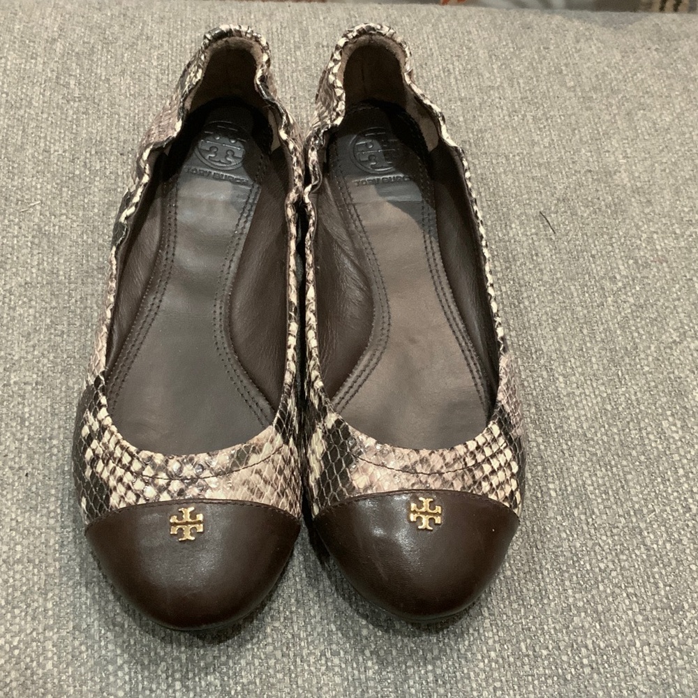 Tory Burch Snakeskin Flats with Brown Toe